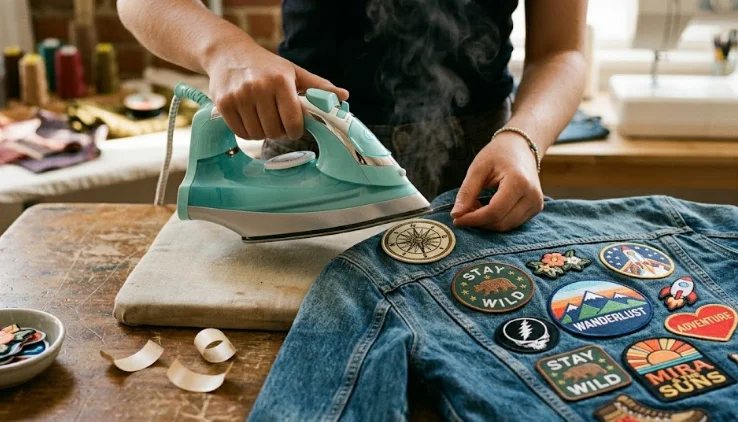 A man ironing a patch onto a denim jacket back.