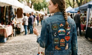 A woman wearing a denim jacket with multiple iron on patches.