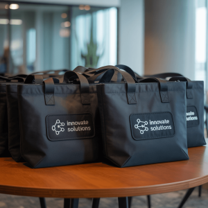 A collection of black tote bags, each displaying a custom embroidered patch.