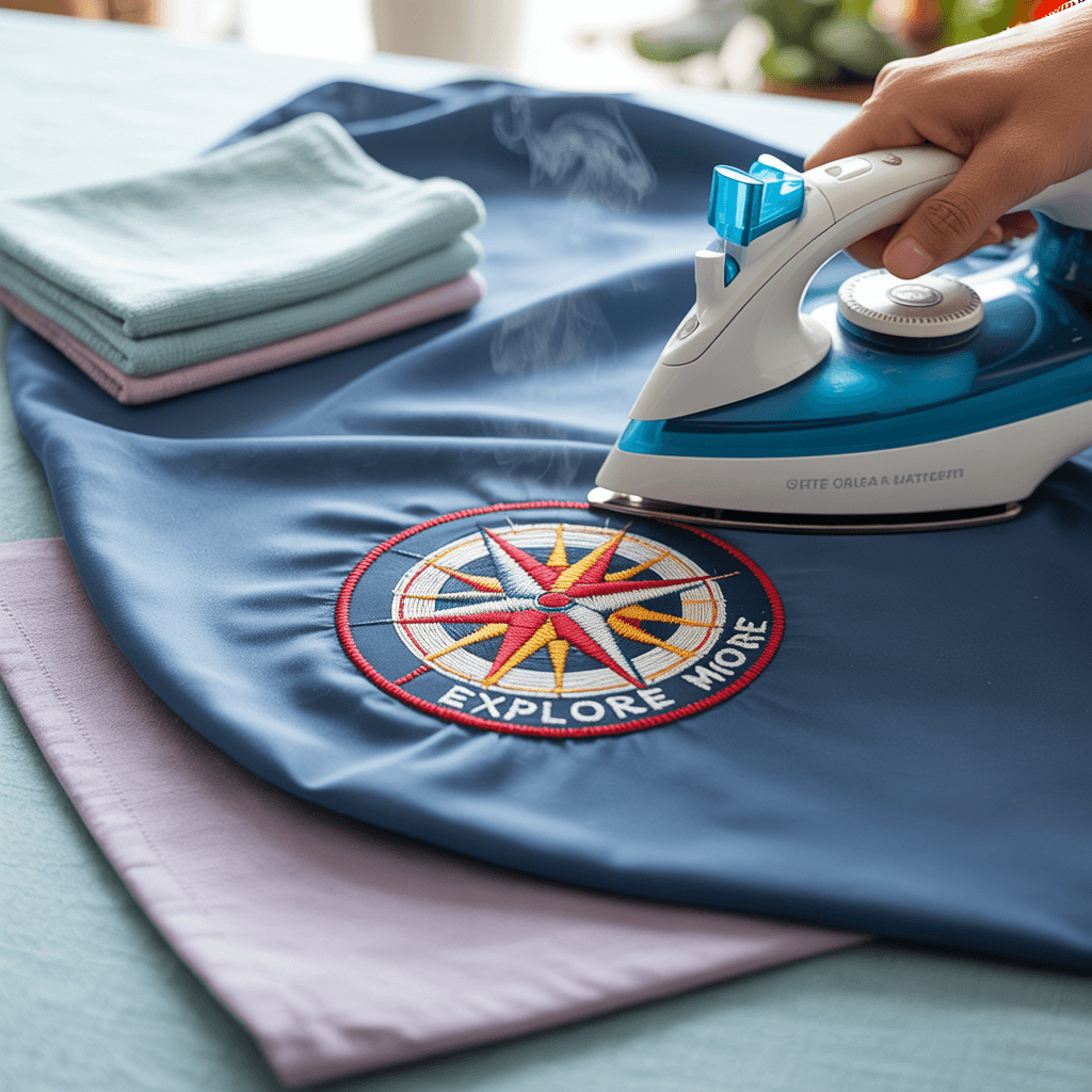 A vibrant embroidered patch being carefully ironed onto a polyester fabric.