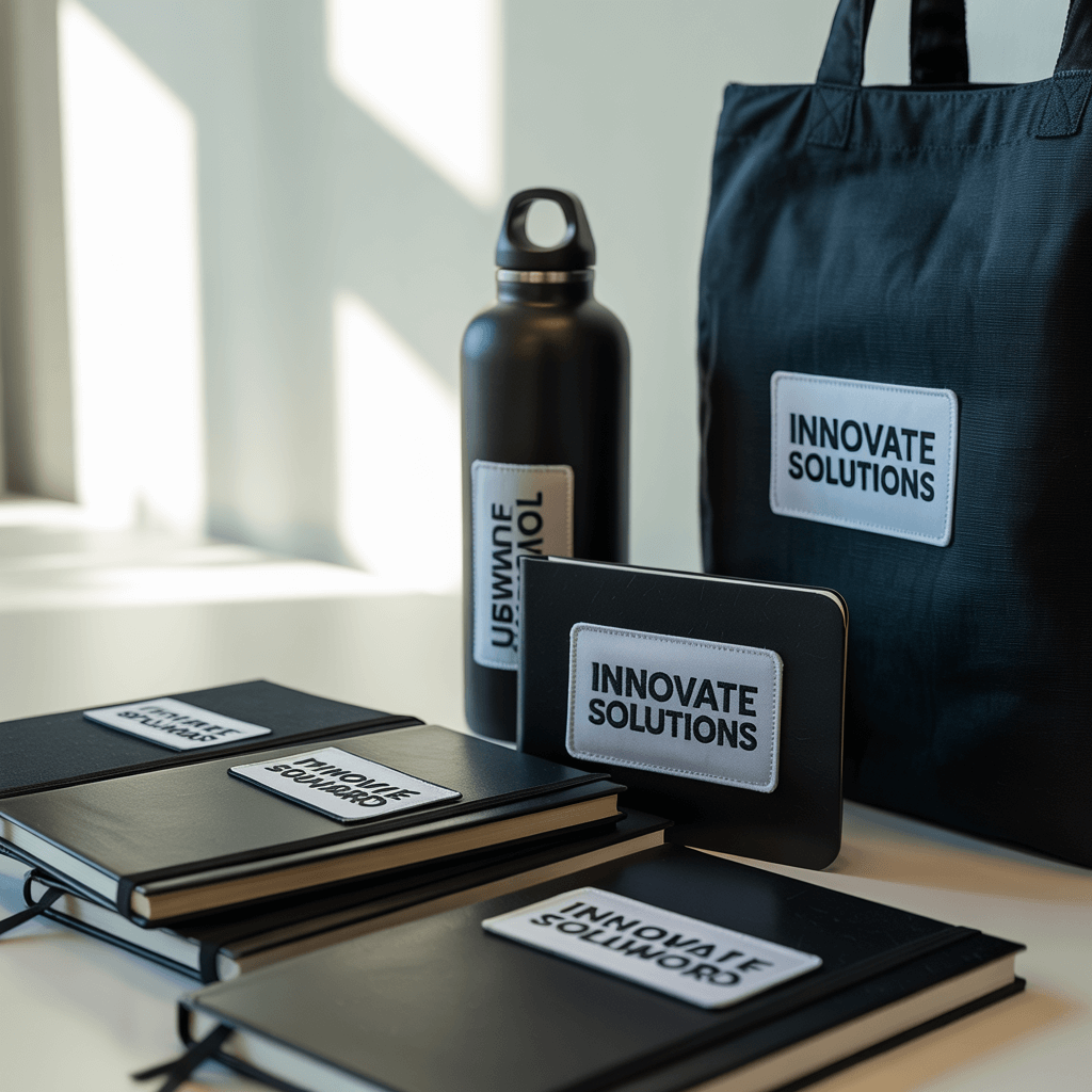 A collection of corporate swag items with custom patches.