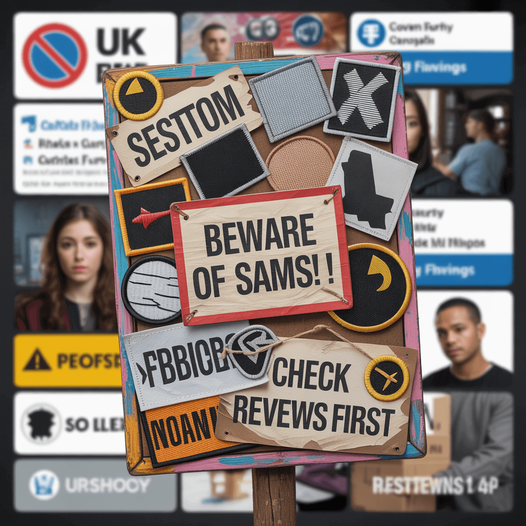 A series of warning signs related to purchasing custom patches online.