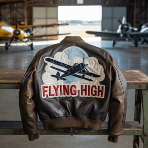 Leather jacket with numerous custom aviation patches.