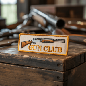 A Gun Club patch displayed against a weathered, dark wood surface.