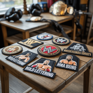 A collection of custom patches showcasing designs for WWE, MMA & Boxing.