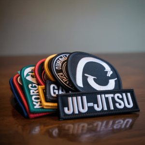 A collection of BJJ gi patches neatly arranged on a dark wood surface.