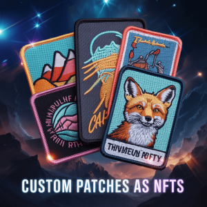 A stack of custom embroidered patches showcased as unique NFTs.