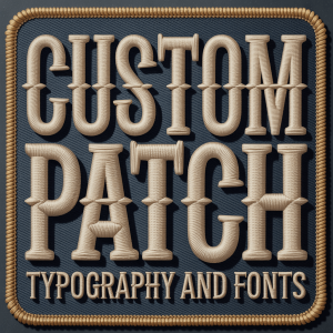 A detailed embroidered patch design showcasing bold typography.
