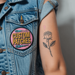 A vibrant custom patch displayed alongside a minimalist tattoo design.