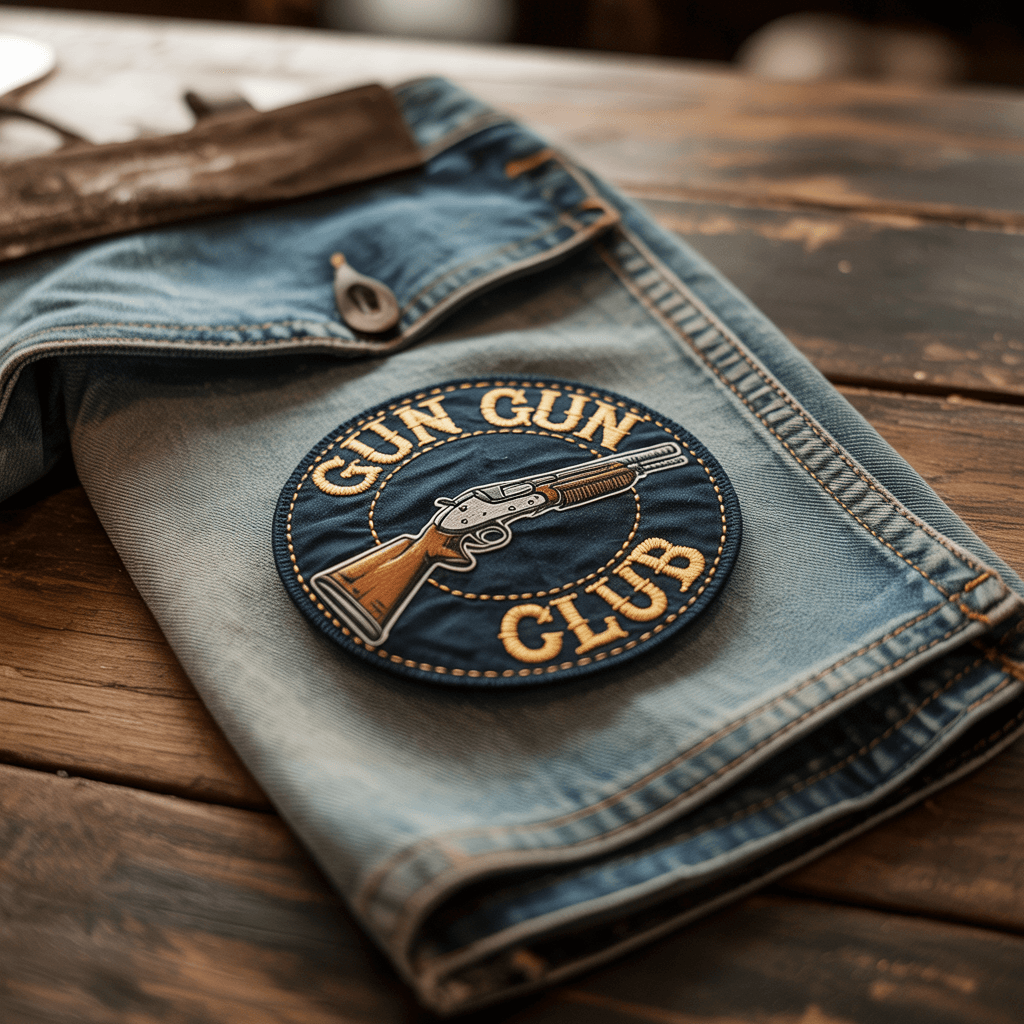 A Gun Club patch stitched onto weathered denim fabric.