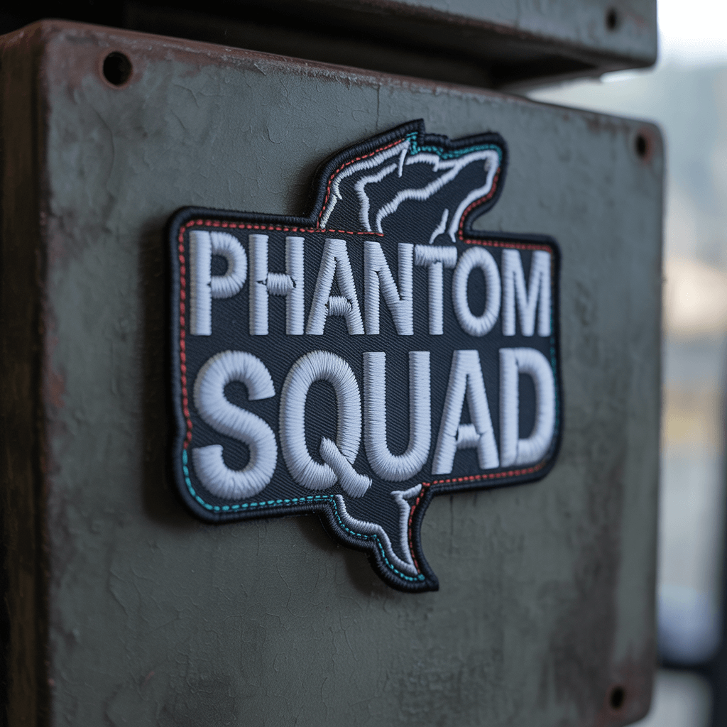 A custom tactical patch displayed against a dark grey wall.