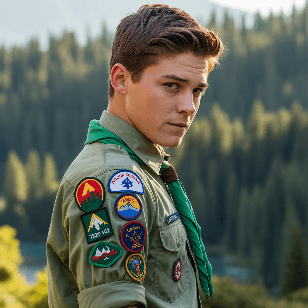A young scout wearing a collection of custom scout patches.