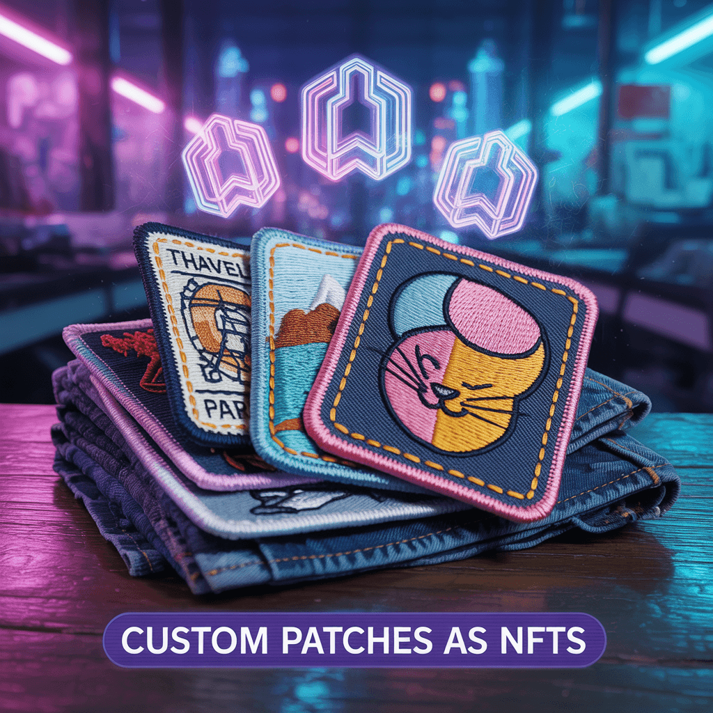 A stack of custom embroidered patches presented as collectible NFTs.
