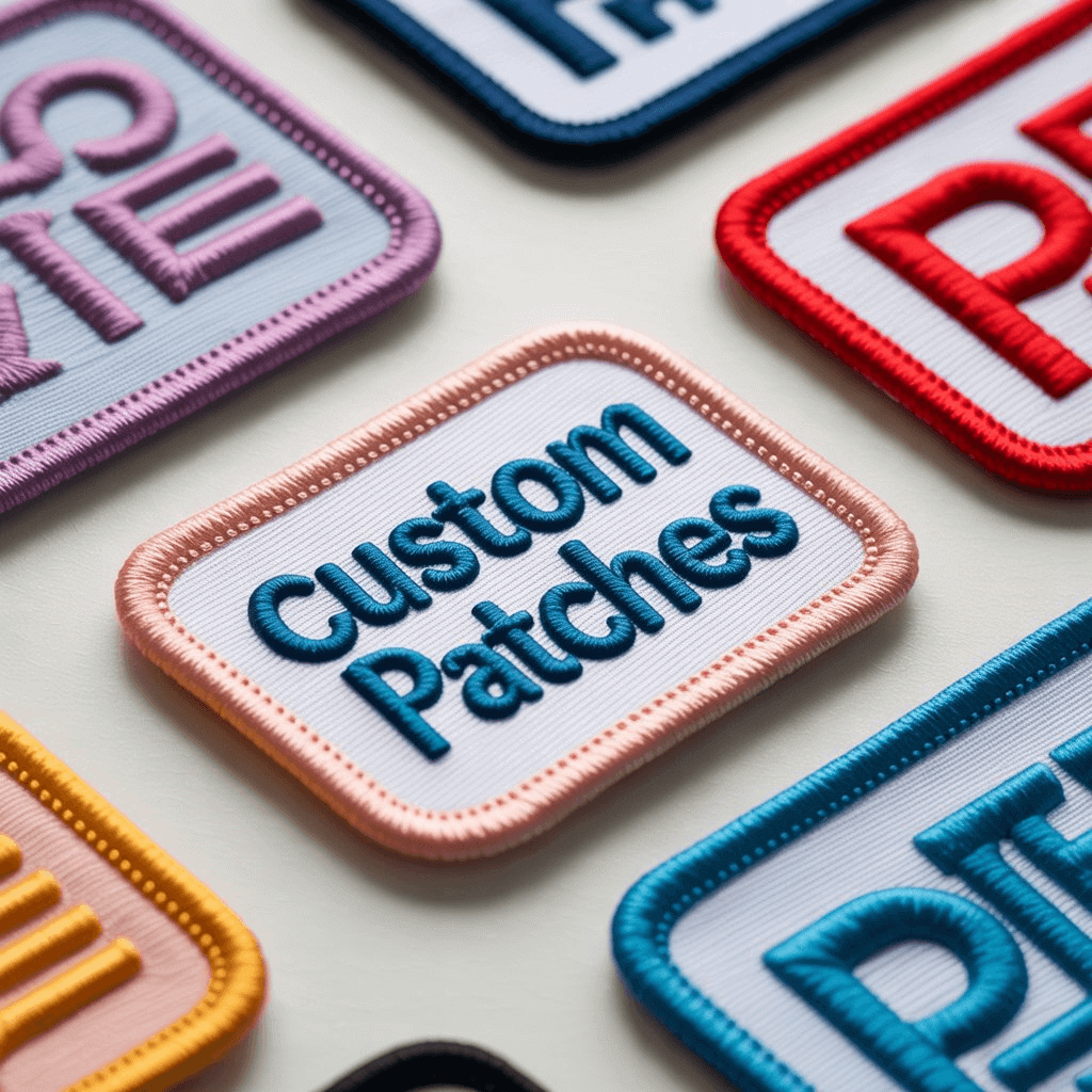 Custom patches with visible Merrow Edge borders.