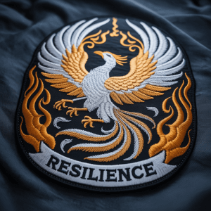 A custom patch featuring intricate metallic threads. 
