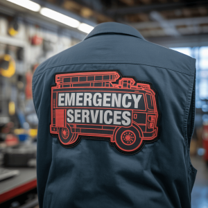 A reflective patch on a workwear jacket.