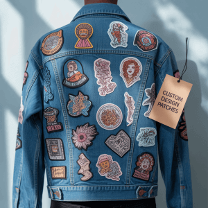 A collection of custom-designed patches arranged artfully on a denim jacket.