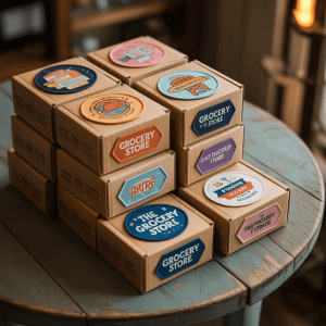 Vintage cardboard boxes featuring custom patches.