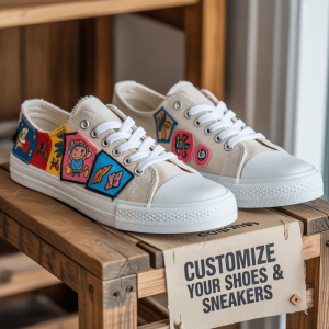 Custom-designed sneakers personalized with colourful patches.