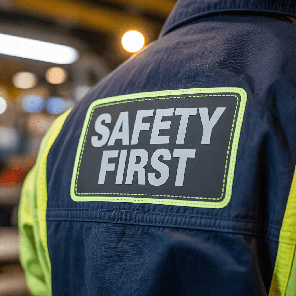 A reflective patch on a workwear jacket.