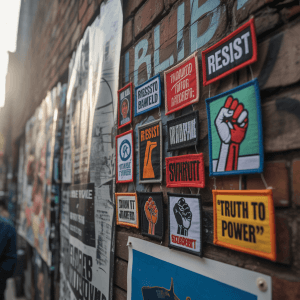 A collection of political patches displayed on a textured, weathered brick wall.
