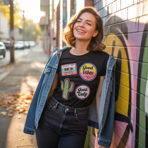 A young woman wearing a collection of custom patches