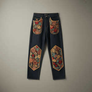 A pair of dark wash denim pants showcasing custom patches.