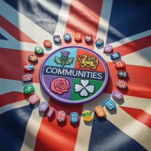 A collection of diverse UK community emblem patches.