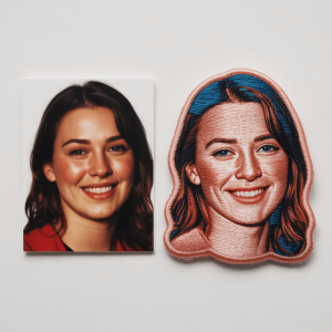 A side-by-side comparison of a photograph and a custom embroidered patch.
