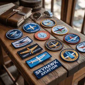 A collection of custom aerospace and airline patches.