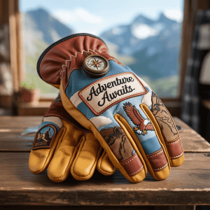 Custom patches sewn onto a pair of well-worn leather gloves.