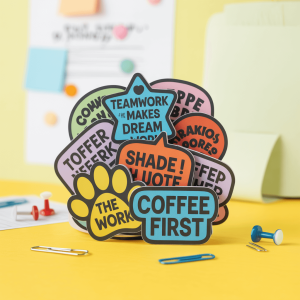 A stack of colorful custom-shaped patches.