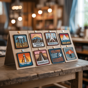 Vibrant custom patches arranged on a wooden table tent.