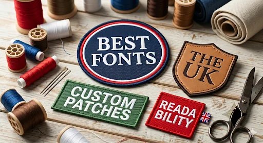 Custom embroidered and leather patches arranged on a wooden table with thread spools, needles, and scissors.