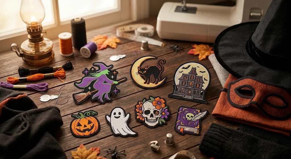 custom Halloween patches placed on a wooden table