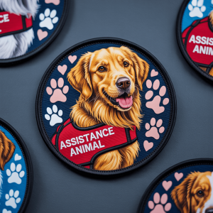 A set of vibrant, high-contrast assistance animal patches.