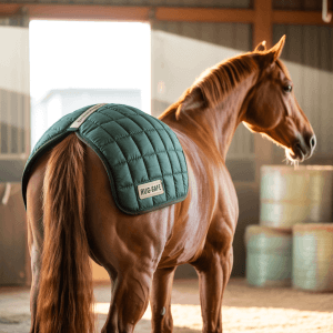 A chestnut horse wearing a custom-fitted patch.