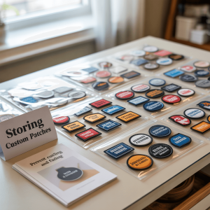 Patches organized within clear plastic sleeves to prevent curling.