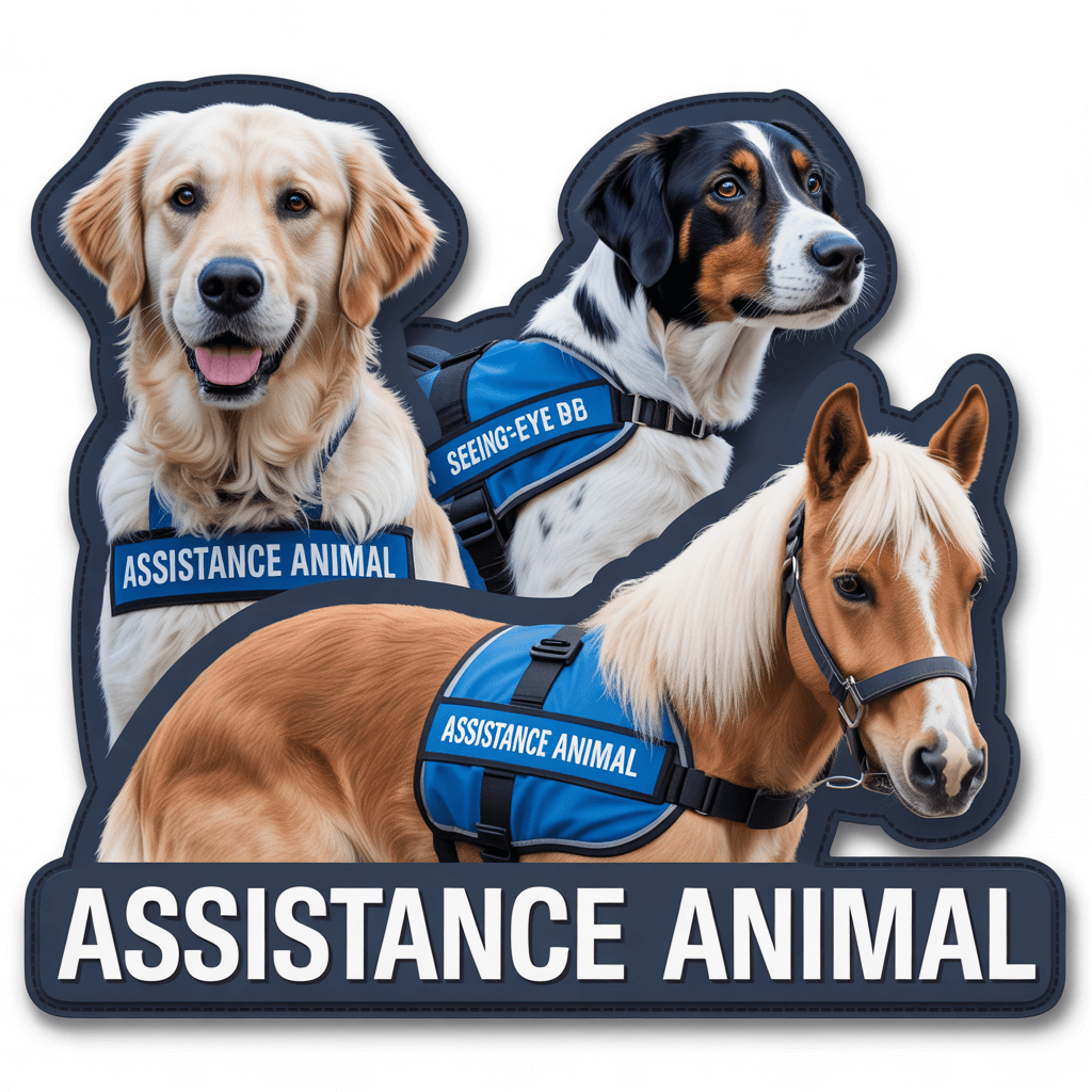 A vibrant patch featuring assistance animals.