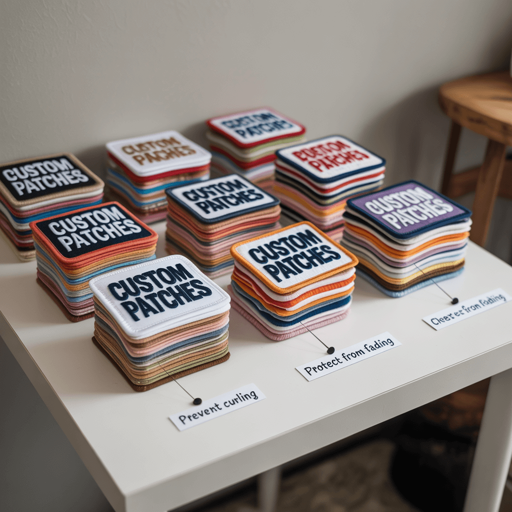 A stack of custom patches on a white tabletop.