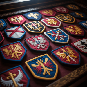 A collection of embroidered heraldic patches.