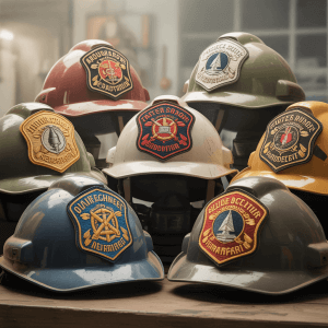 A collection of intricately designed helmet and hard-hat patches. A collection of intricately designed helmet and hard-hat patches.
