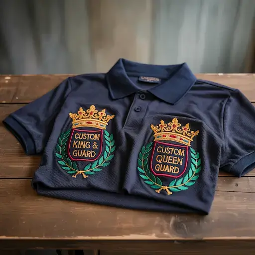 Custom King & Queen Guard Patches on a polo shirt