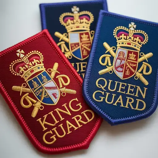 Embroidered patch design featuring ornate royal guard emblems Embroidered patch design featuring ornate royal guard emblems