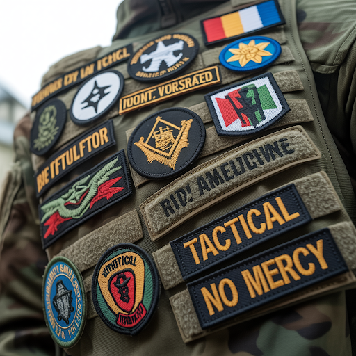 Various military and tactical hook and loop patches on a dark tactical vest