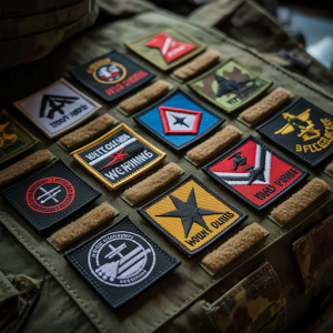 military and tactical hook and loop patches on a tactical vest