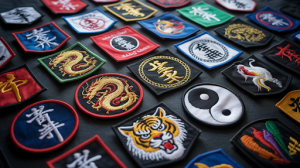 : A collection of martial arts patches, showcasing various traditional designs