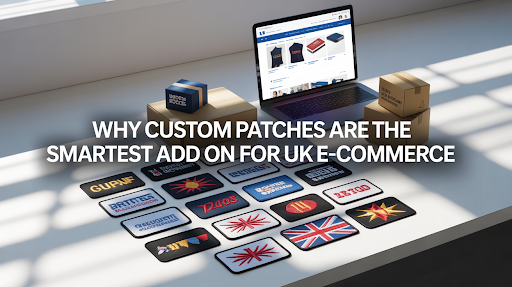 A visual with patches and laptop on the table with a blog title in front