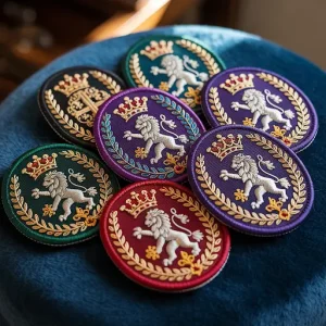 Luxury patches arranged on a rich navy velvet surface