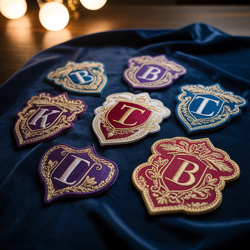 Premium custom embroidered patches arranged on a blue velvet